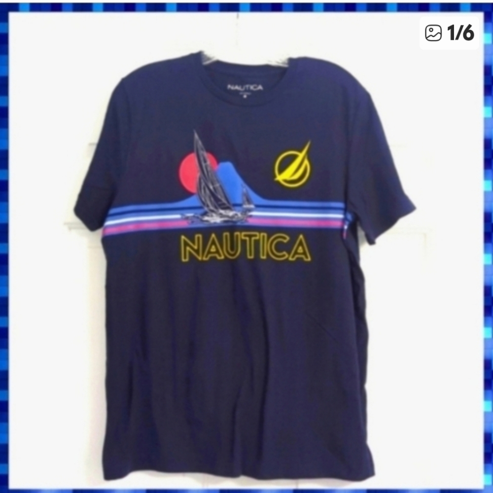 Nautica Navy Graphic Sailboat Tee with Yellow Logo